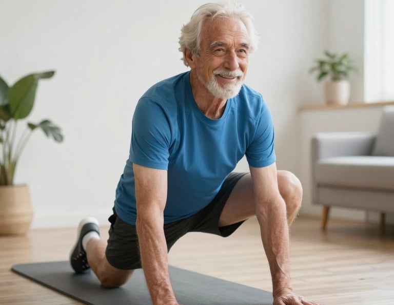 A warm, inviting photo of a smiling elderly person doing gentle exercises with a caring instructor in a bright, calm room.