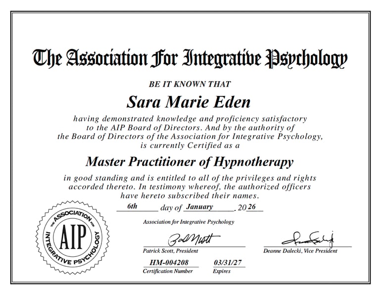 Association For Integrative Psychology Master Practitioner Hypnotherapy certificate for Sara Eden.