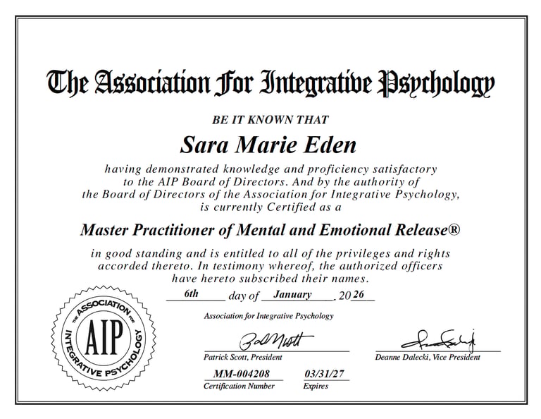 Association For Integrative Psychology Master Practitioner of MER certificate issued to Sara Eden.