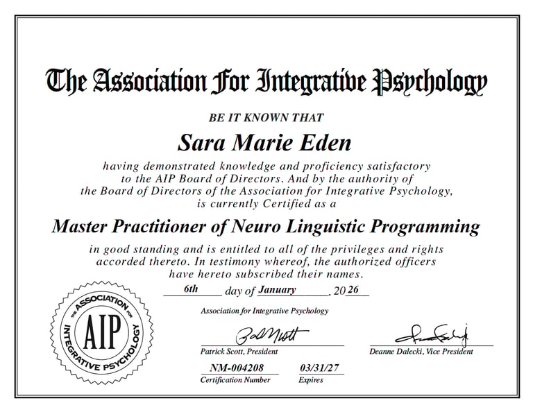 Association For Integrative Psychology Master Practitioner of NLP certificate issued to Sara Eden.