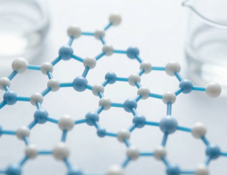 Abstract hexagonal molecular structure in pale blue and white, suggesting cellular healing, laboratory glassware in the background, clean scientific photography, bright high-key clinical light, pale blue and white tones, macro depth of field
