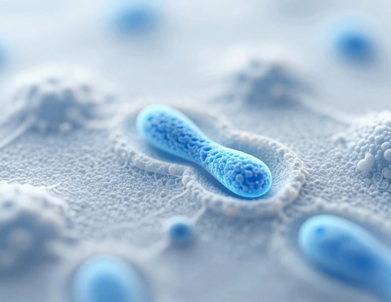 Microscopic view of cellular structures with glowing blue telomeres, clean scientific photography, bright high-key clinical light, pale blue and white tones, macro depth of field