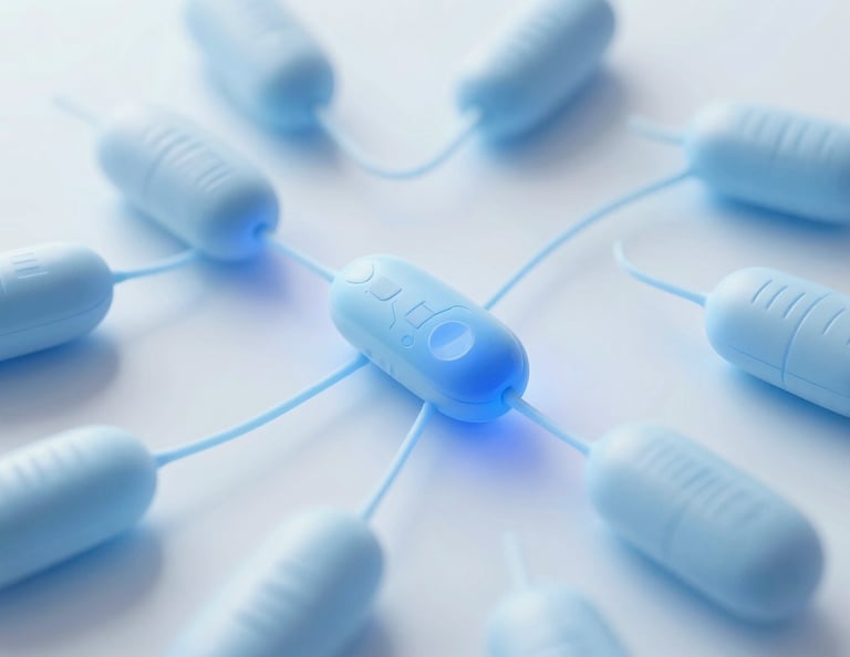 Stylized data visualization of mitochondrial pathways, glowing blue and white, against a clean, minimalist scientific background, clean scientific photography, bright high-key clinical light, pale blue and white tones, macro depth of field