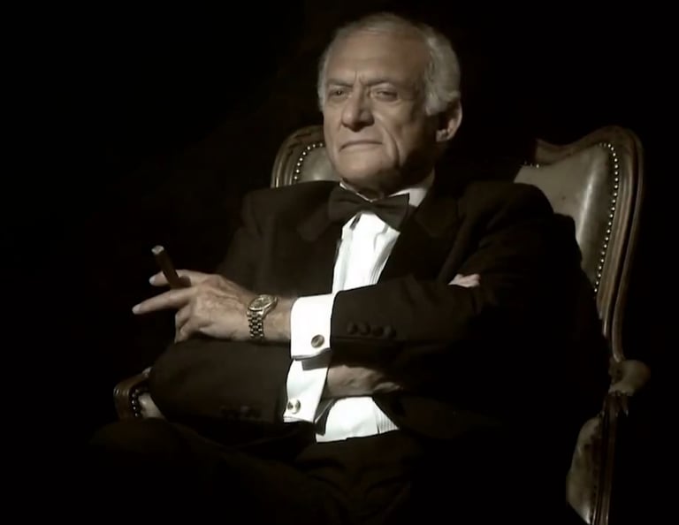 Senolis su švarku, cigaru sėdintis ant kėdės ir žvelgiantis pro šalį