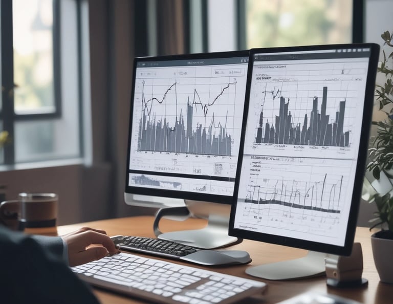 A clean, modern workspace with a laptop displaying financial charts and a cup of coffee nearby.