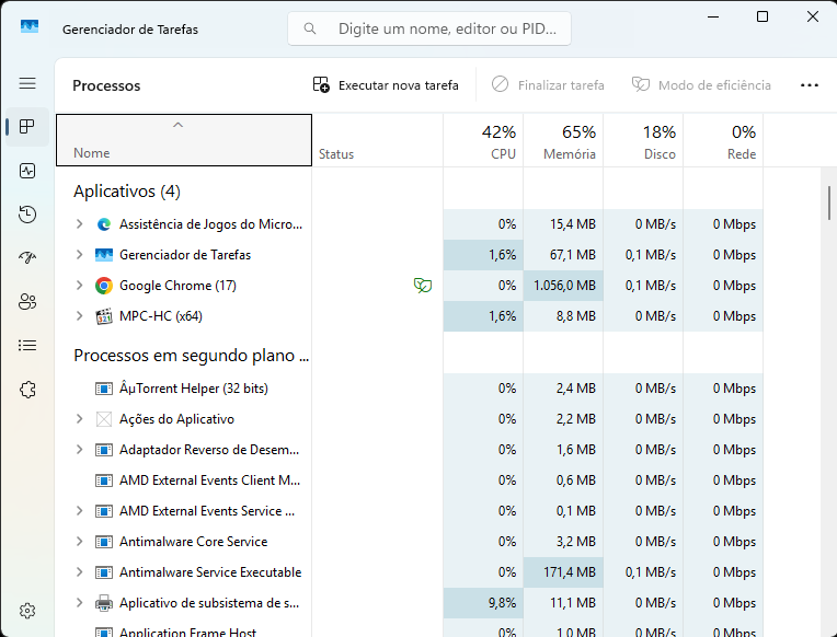 Janela do gerenciador de tarefas