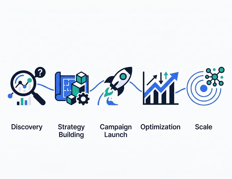 Growth marketing process infographic from discovery & strategy to campaign optimization and scaling.