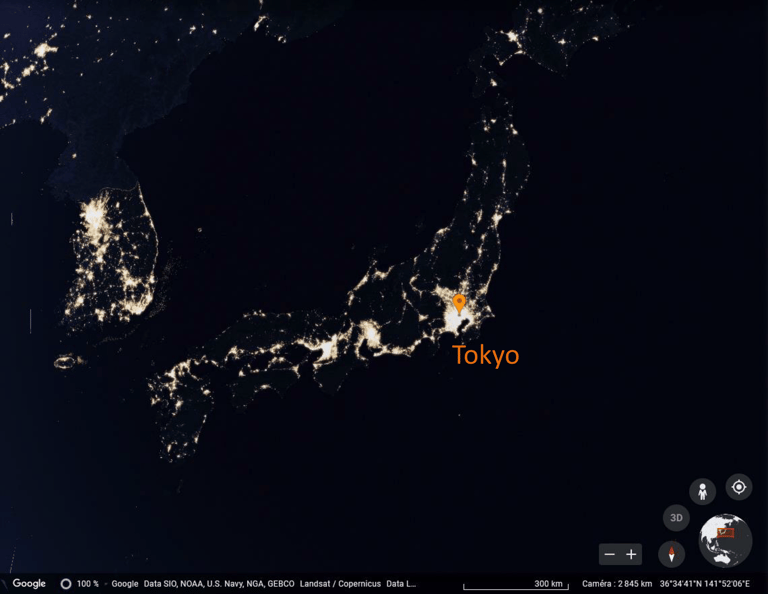 Image satellite du Japon et de la péninsule de Corée la nuit