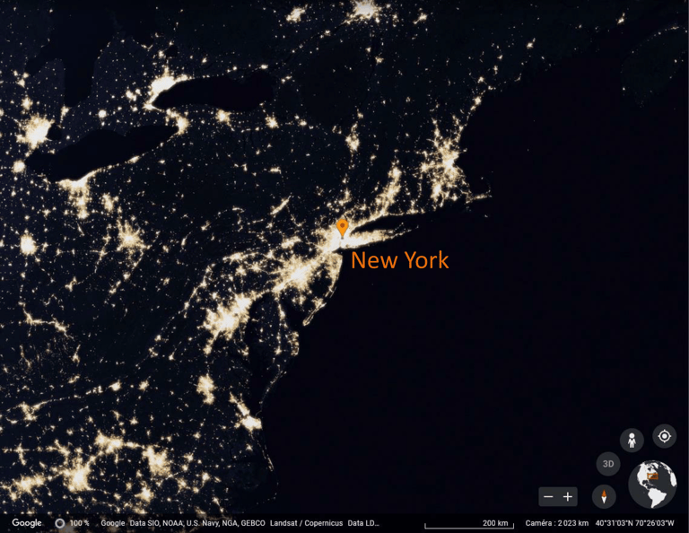 Image satellite de la côte Est des États-Unis la nuit