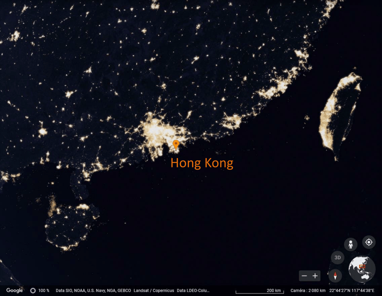 Image satellite du sud-est de la Chine et de Taïwan la nuit