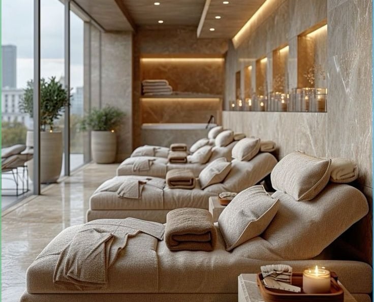 a row of massage chairs with candles and candles