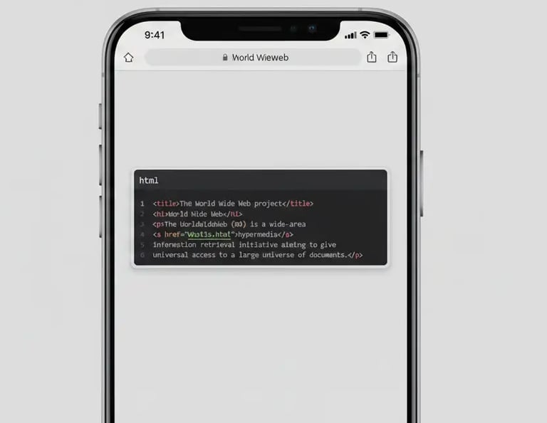 Um smartphone exibindo um trecho de código-fonte HTML de um projeto de desenvolvimento web.