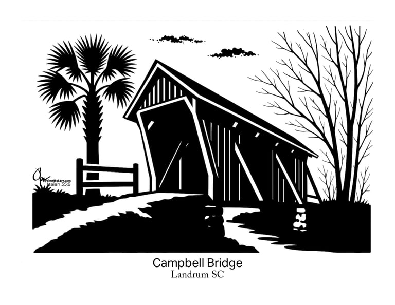 Black and white image of a covered bridge