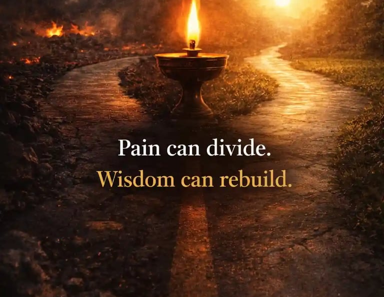 Symbolic crossroads showing pain leading to division or reconciliation, representing political use of memory.