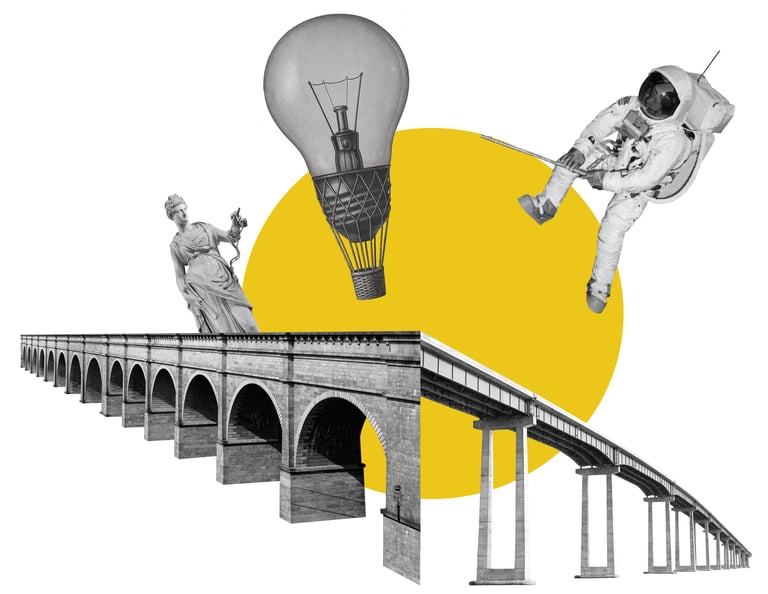 Collage aus einer Brücke, einem Astronauten, einer Statue und einem Heißluftballon.