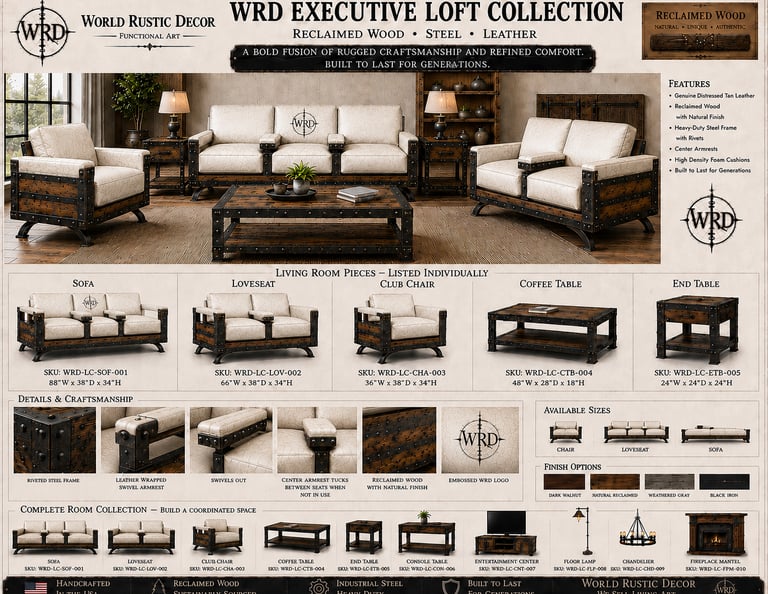 Executive Loft Collection featuring reclaimed wood and leather industrial sofa, loveseat, and coffee table set.