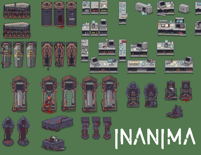 Pixel art tileset of sci-fi horror assets including bloody medical equipment and futuristic coffins.