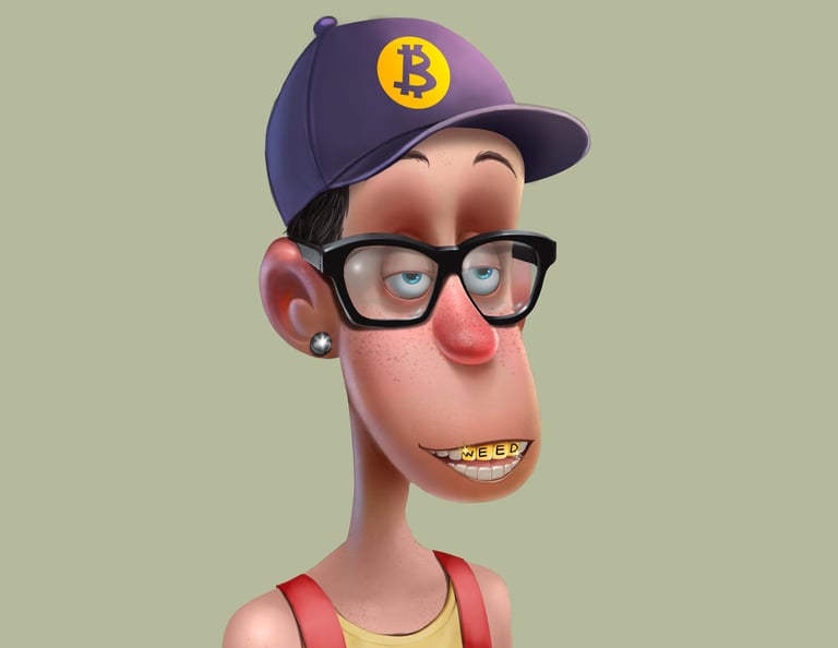 a cartoon character with glasses and a Bitcoin hat