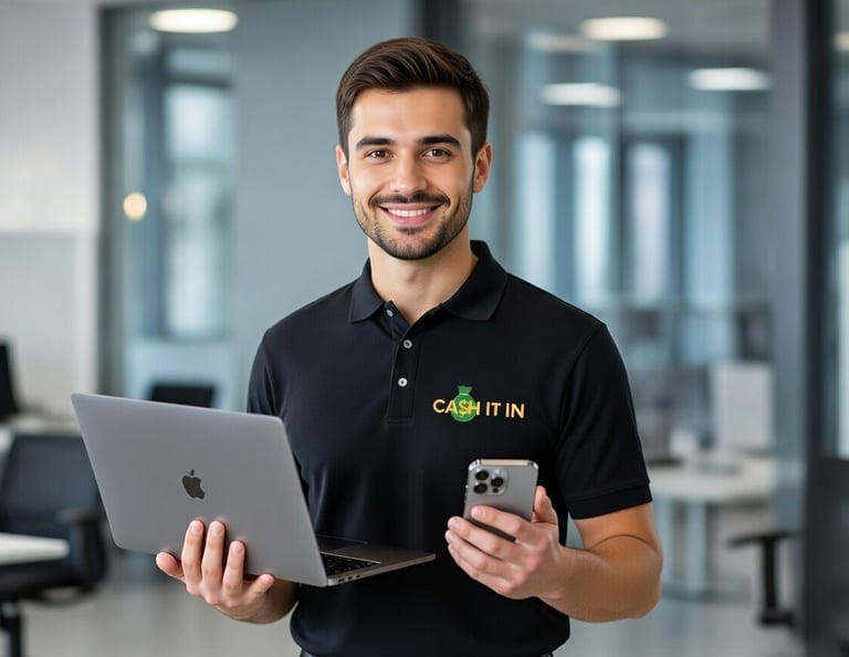 cash it in employee holding MacBook and iPhone