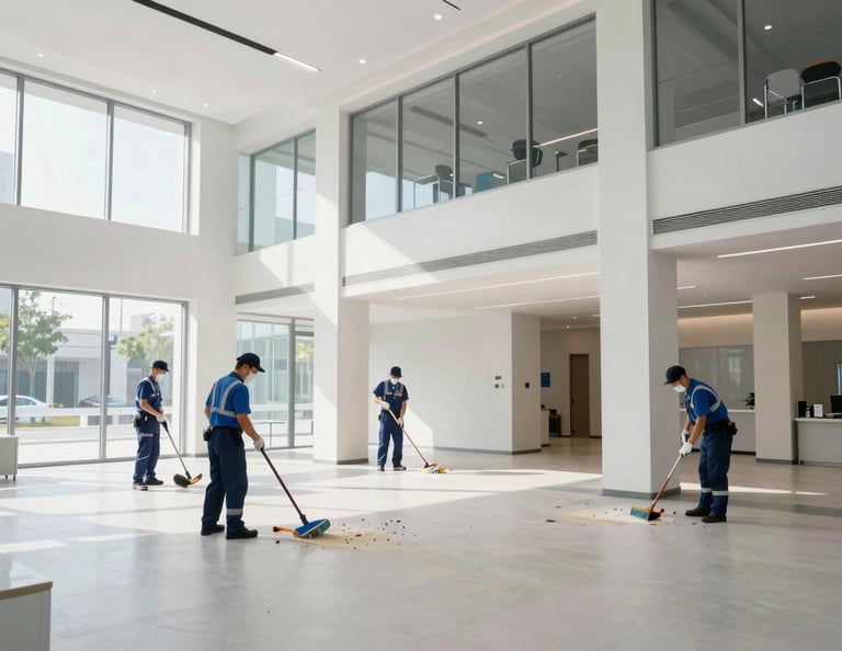 Uniformed cleaning staff performing deep cleaning after construction, dust covers removed, modern commercial building interior, clean natural daylight, crisp cool tones, sharp focus, professional architectural framing.