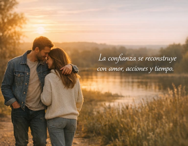 Una pareja se abraza al atardecer junto a un lago, acompañada de una cita sobre cómo reconstruir la 