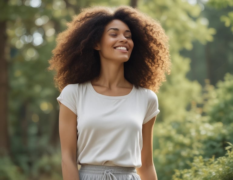 Uma mulher relaxando com chá na natureza