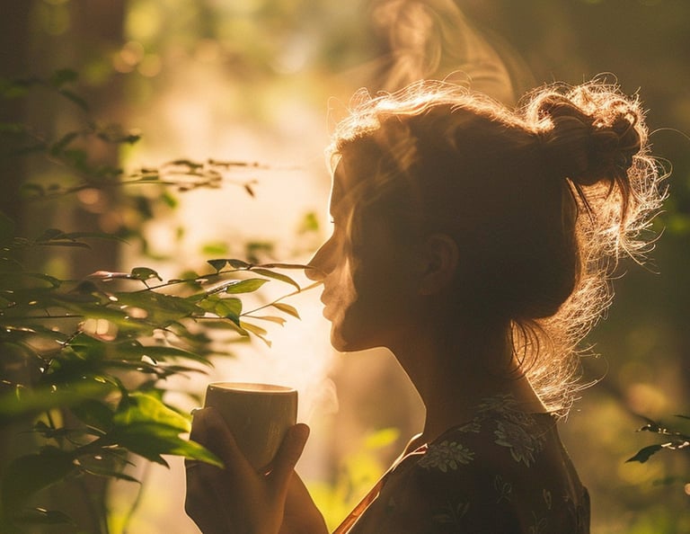 Uma mulher relaxando com chá na natureza