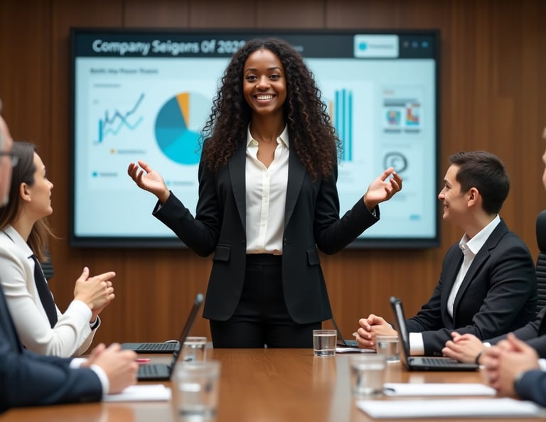 Confident Black woman leading a team presentation in a modern office.
