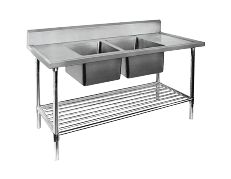 Commercial-grade double bowl sink bench made from heavy duty stainless steel with a splashback and slatted storage shelf.