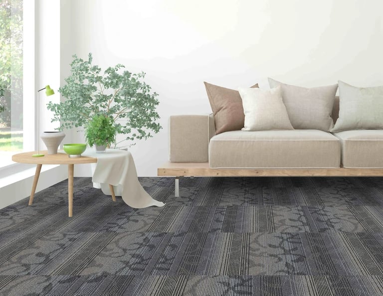 Floro carpet tiles, featuring a striped floral pattern in shades of grey - stylish and durable commercial carpet flooring.