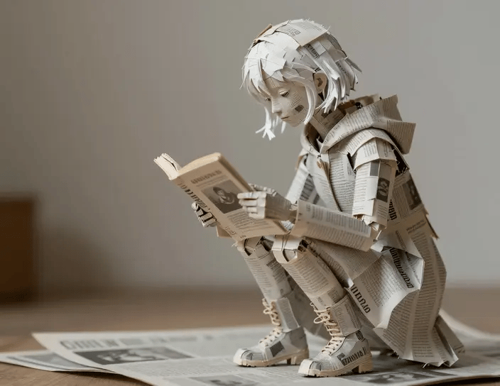 Video of girl made of newspaper reading a book.