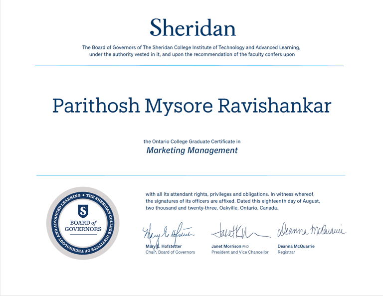 Parithosh Mysore Ravishankar's Sheridan college Marketing management post grade certificate 