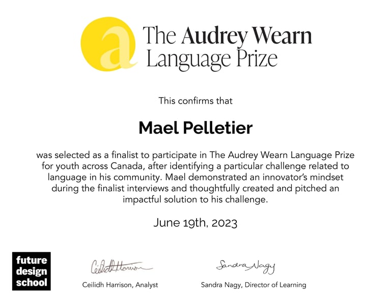Certificat de sélection pour le prix du language Audrey Wearn