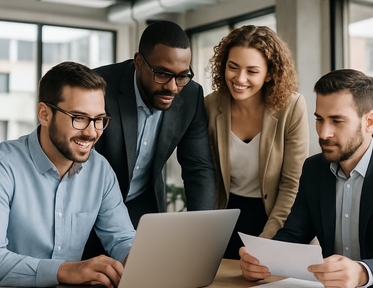A team collaborating on implementing Business Central software on laptops in a bright workspace.
