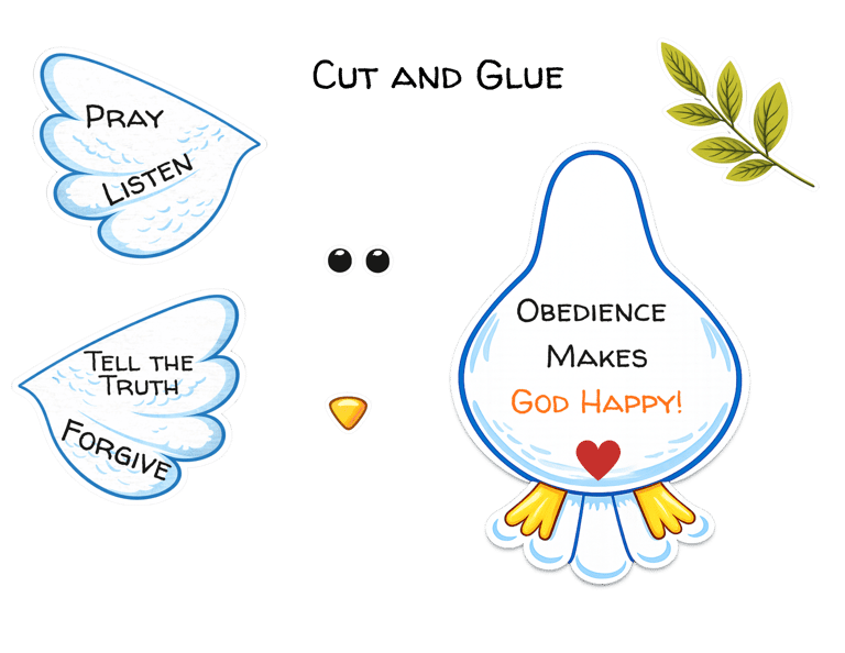 Printable Christian dove craft for kids – cut and glue Sunday School activity about obedience, praye