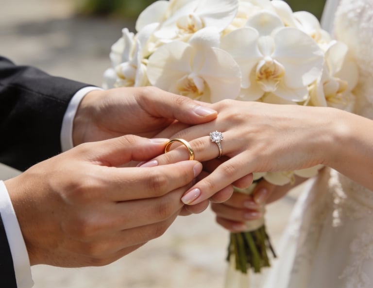 Wedding band placed beside a diamond engagement ring, symbolizing a lifelong commitment.