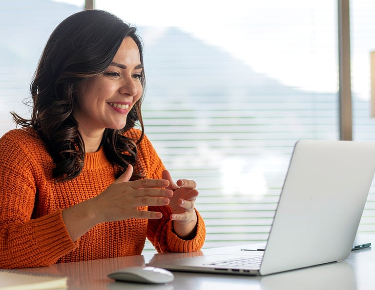 a woman sitting at a desk with a laptop
