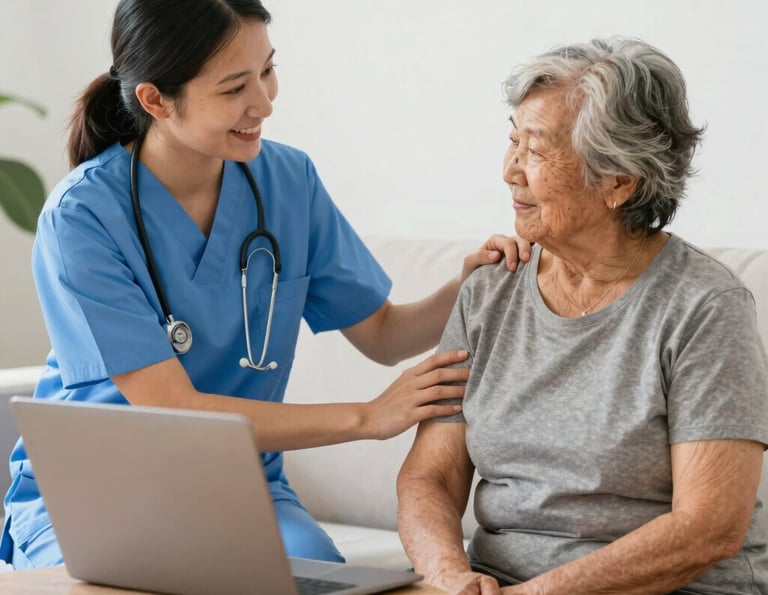 A warm caregiver sharing a smile with an elderly woman in a cozy living room.
