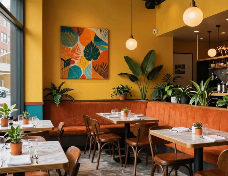 A warmly lit interior showcasing Cuatro Chicago's stylish decor with guests enjoying drinks near the large glowing aquarium.