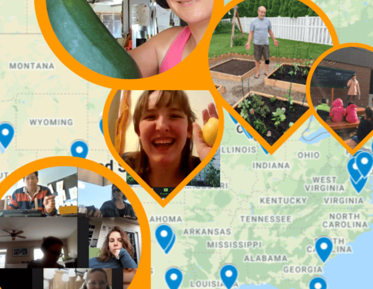 A map with photos of people and their gardens all over the United States. 