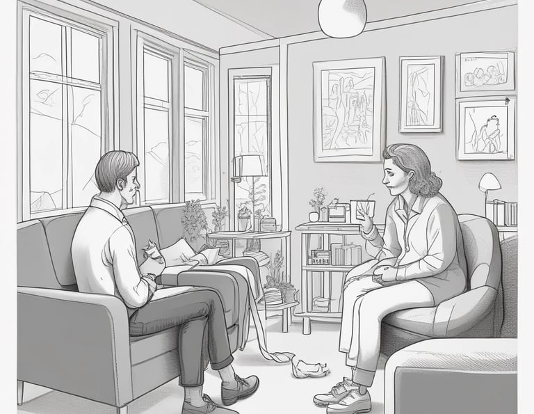 A professional consultation setting with a medical professional sitting at a desk facing a client. The room has a modern aesthetic with white walls decorated with framed certificates. The desk is organized with office supplies, a laptop, and a fruit bowl in the center.