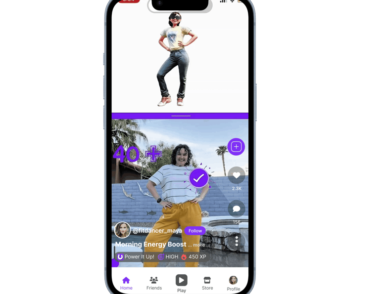 App screen showing a user posting a PlayMove video in the Watch feed.