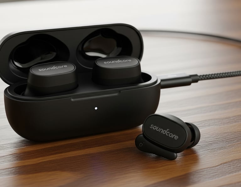 um par de fones de ouvido com um cabo de carregamento conectado a um carregador