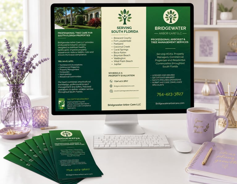 Modern office with lavender desk decor featuring a green brochure design on computer