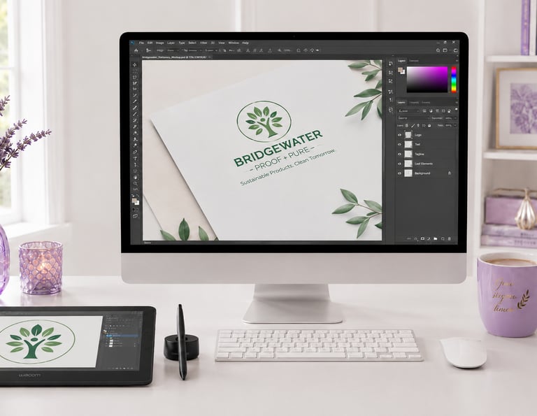 Minimalist creative workspace with lavender accents wacom tablet and pc for logo design