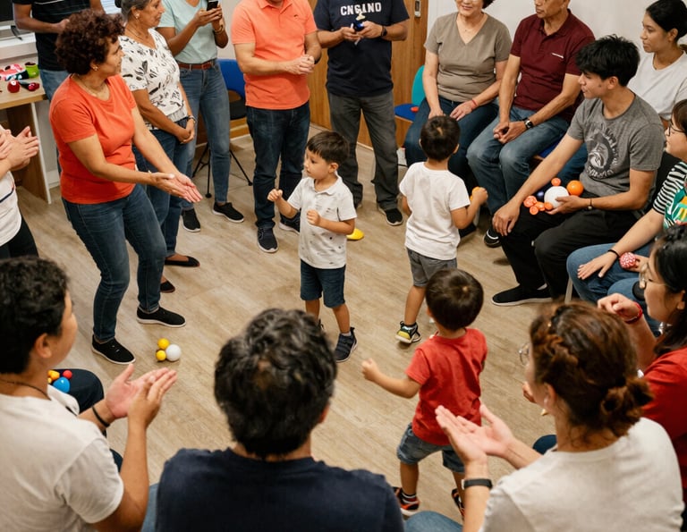 A diverse group of church members smiling and engaging in a community outreach event outdoors.