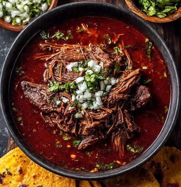 A bowl of Mexican birria de res stew with shredded beef, onion, cilantro, and corn tortillas.