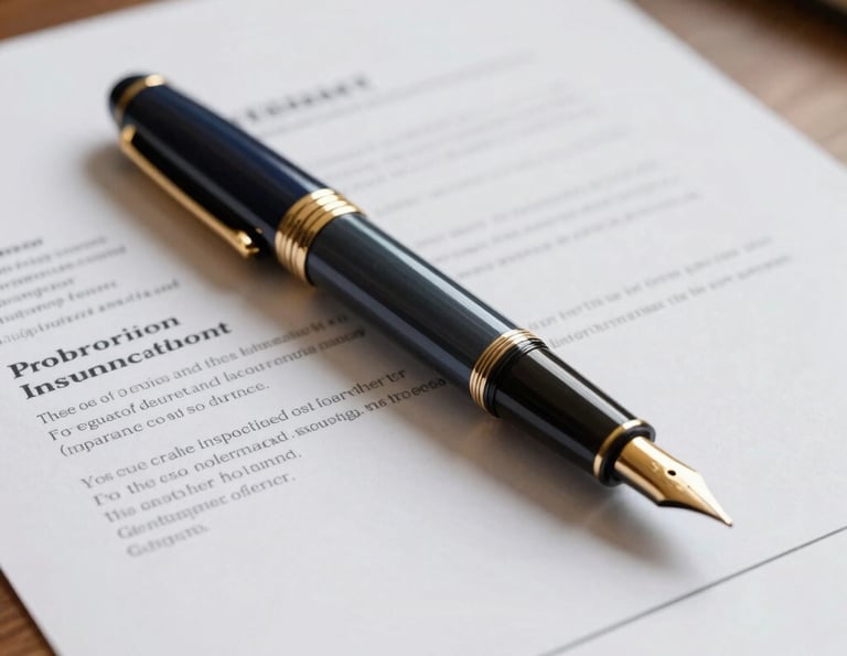 Close-up of a high-end fountain pen resting on a detailed corporate insurance contract, warm natural office light, deep navy and gold accents, shallow depth of field