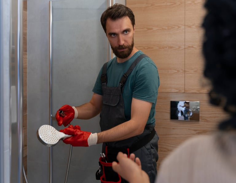 Gloved hand holding shower head, experienced shower technicians