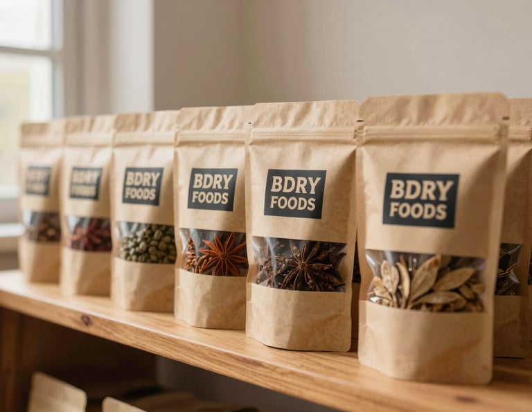 A neatly stacked row of BDRY Foods craft paper packages with clear windows showing dried spices, sitting on a clean wooden shelf with soft natural lighting.